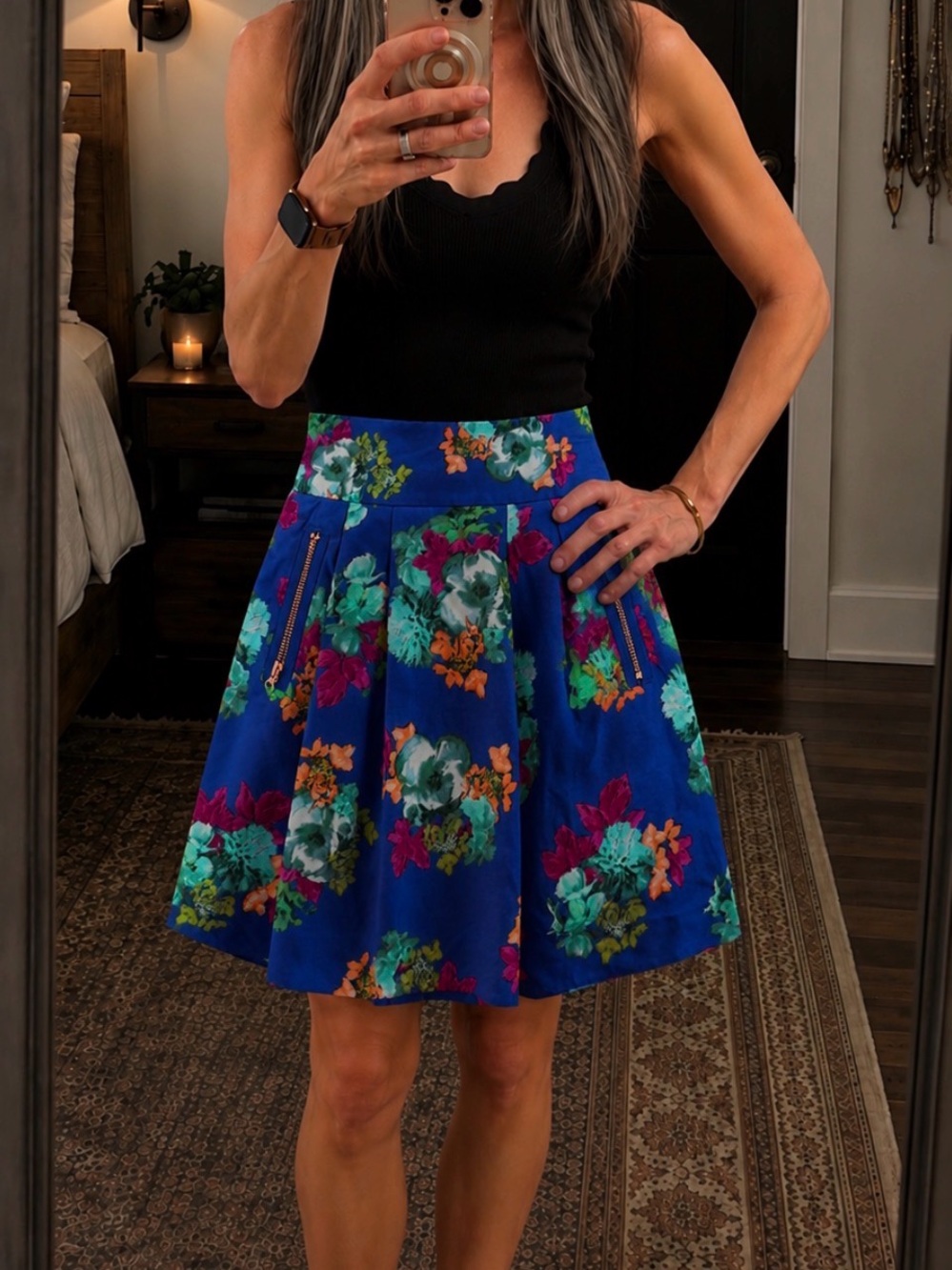 Anthropologie Floral Mini Skirt in Blue with Multicolor Blooms